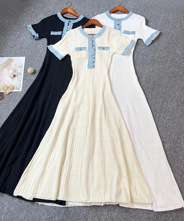YuooMuoo Brand Fashion Women Dress 2025 Spring Summer Vintage Denim Patchwork O-neck Knitted Maxi Dress Office Lady Vestidos
