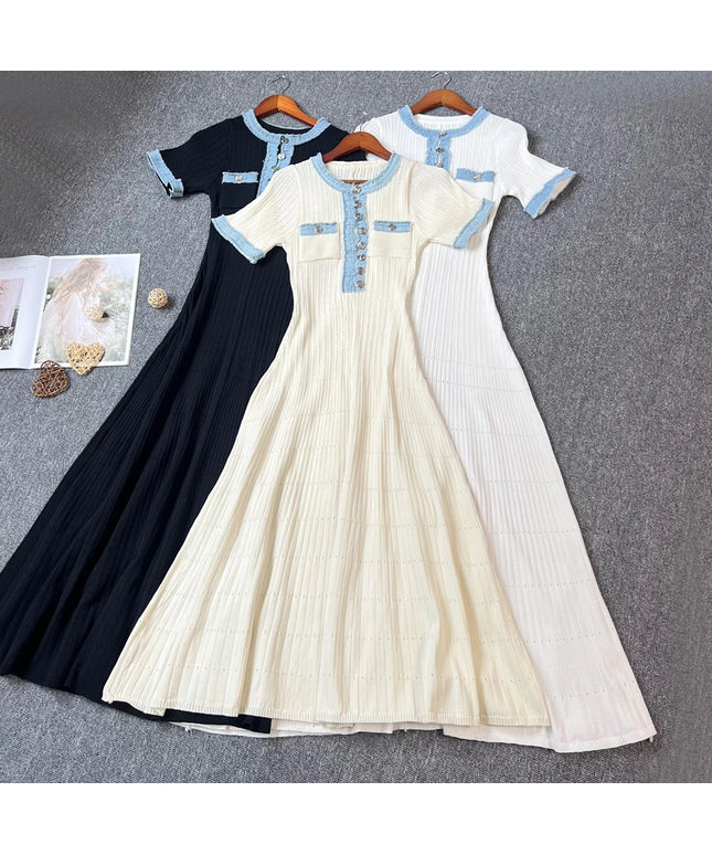 YuooMuoo Brand Fashion Women Dress 2025 Spring Summer Vintage Denim Patchwork O-neck Knitted Maxi Dress Office Lady Vestidos