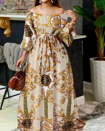 VONDA Women Printed Party Dress 2024 Sexy Off Shoulder Long Lantern Sleeve Bohemian Sundress Belted Vintage Maxi Robe Oversized