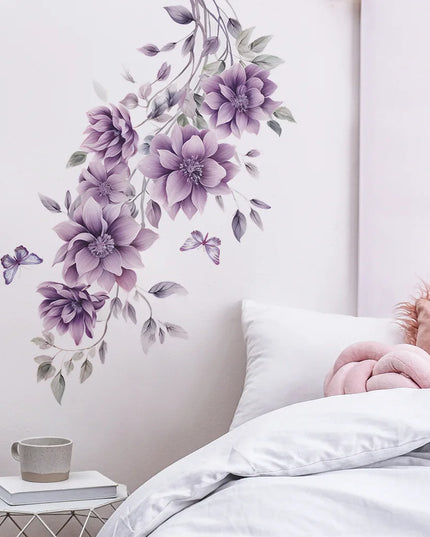 Purple Flowers Butterfly Wall Stickers Living Room Bedroom Background Decor Mural Bathroom Home Decoration Self-adhesive Decals