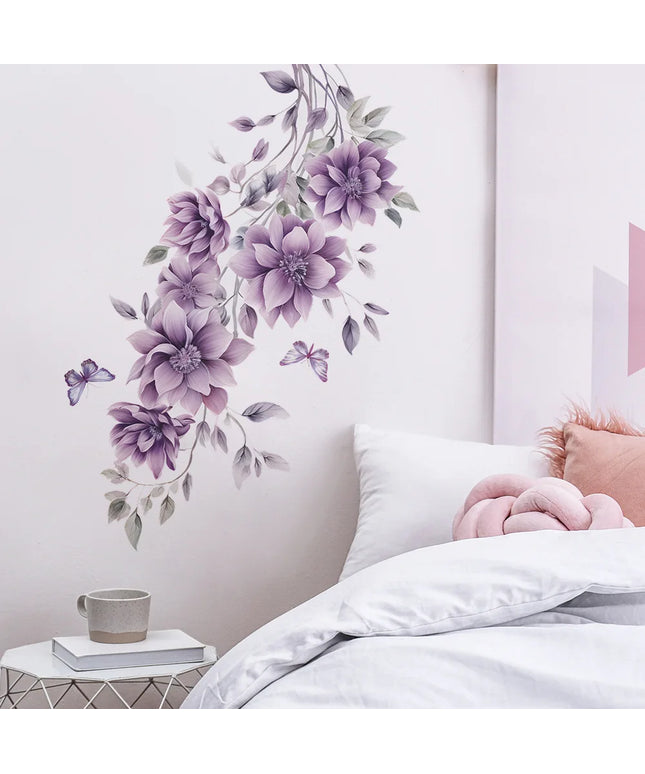 Purple Flowers Butterfly Wall Stickers Living Room Bedroom Background Decor Mural Bathroom Home Decoration Self-adhesive Decals
