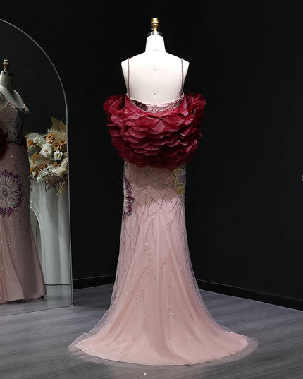 Sharon Said Luxury Pink Floral Beaded Evening Dress with Burgundy Shawl Cape Elegant Party Dress for Women SS515 Customized