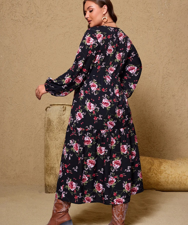 Plus Size Autumn New Arrivals Women's V-Neck Floral Print Bell-Sleeve Vintage High-Waisted Maxi Dress Travel & Everyday Wear