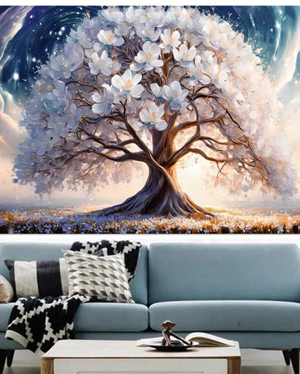 Blooming Tree With Whit Flowers Artistic Canvas Painting,Abstract Wall Art Poster Home Decor Print Picture,Room Decor,Unframed