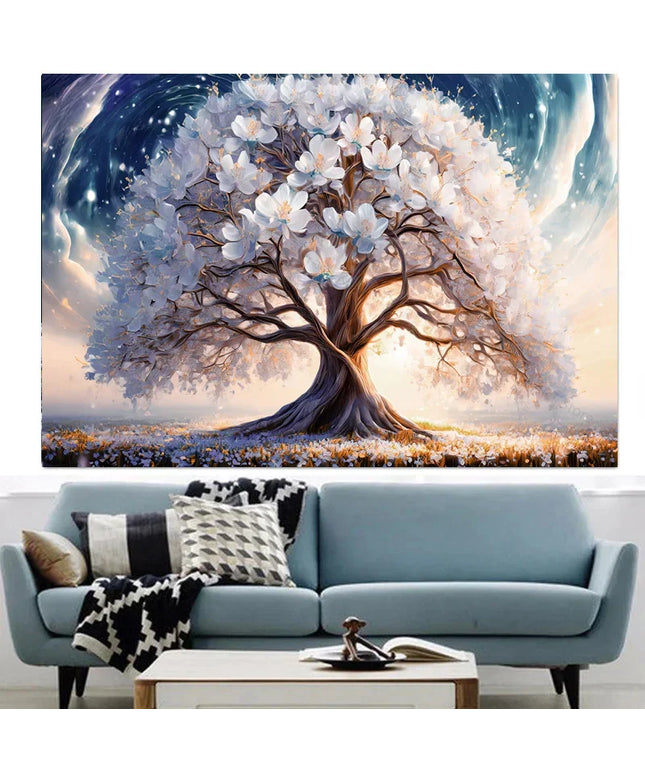 Blooming Tree With Whit Flowers Artistic Canvas Painting,Abstract Wall Art Poster Home Decor Print Picture,Room Decor,Unframed