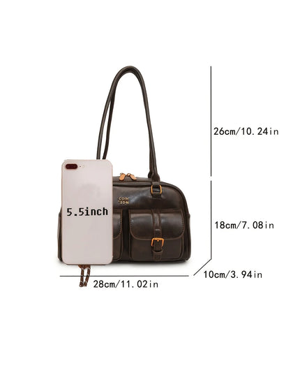 Women's Coffee Brown Multi-Pocket Handbag Shoulder Bag, Stylish Versatile Letter Crossbody Purse for Travel Work Shopping Dates