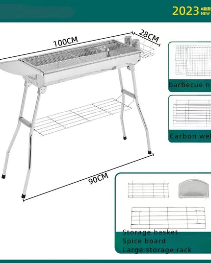 Outdoor Stainless Steel Charcoal Grill Large Size Barbecue Tool Portable Free Installation Handle Folding BBQ Cooking