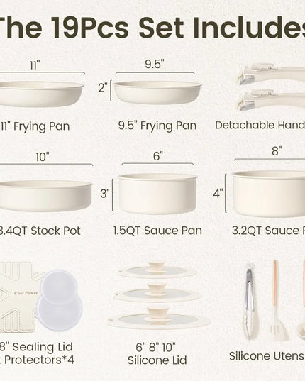 Ceramic Cookware Set Non Toxic with Detachable Handles, Healthy Nonstick Pans and Pots Set 19 Pcs,PFOA & PTFE Free,Cream White