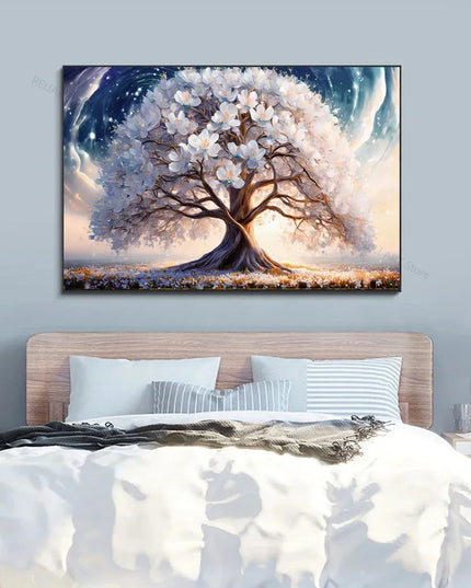 Blooming Tree With Whit Flowers Artistic Canvas Painting,Abstract Wall Art Poster Home Decor Print Picture,Room Decor,Unframed