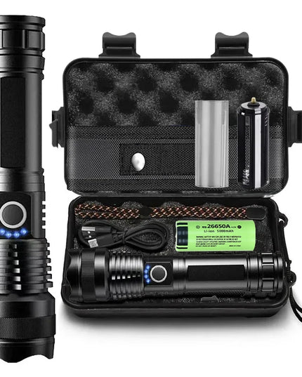 High Power Strong Light Long Range LED Flashlight USB Rechargeable Defense Flashlight Outdoor Telescopic Zoom Super Bright Torch