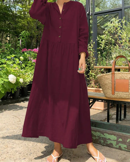 Women's Elegant Solid Cotton Robe Femme 2022 Spring Autumn Bohemian Maxi Dress ZANZEA Casual Long Sleeve Shirt Dresses Oversized