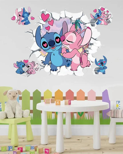 3D Broken Wall Lilo & Stitch Wall Stickers For Kid's Room Kindergarten Living Room Bedroom Wall Decoration Animated Poster