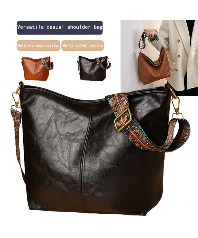 Neutral Style Men's and Women's Pu Tote Bag, Suitable for Travel and Photography, Single Shoulder Bag with Ethnic Style Strap