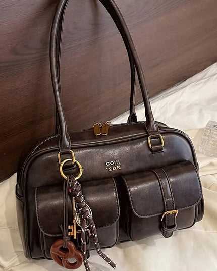 Women's Coffee Brown Multi-Pocket Handbag Shoulder Bag, Stylish Versatile Letter Crossbody Purse for Travel Work Shopping Dates