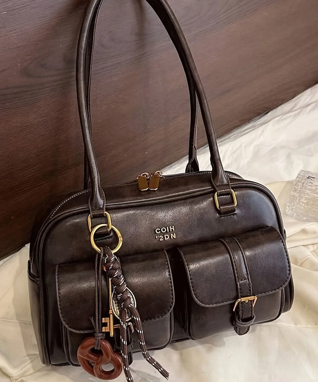 Women's Coffee Brown Multi-Pocket Handbag Shoulder Bag, Stylish Versatile Letter Crossbody Purse for Travel Work Shopping Dates