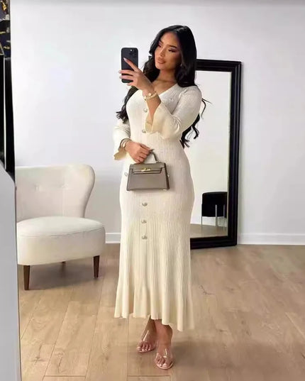 Elegant Knitted Long Dress Women Flare Sleelve V Neck Ruffles Single Breasted Bodycon Dresses Party Fashion Office Lady Vestidos