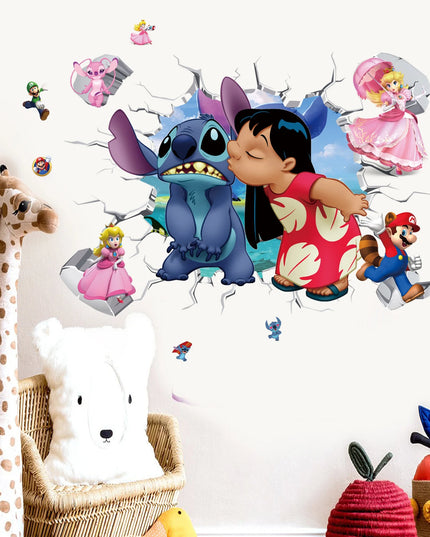 3D Broken Wall Lilo & Stitch Wall Stickers For Kid's Room Kindergarten Living Room Bedroom Wall Decoration Animated Poster
