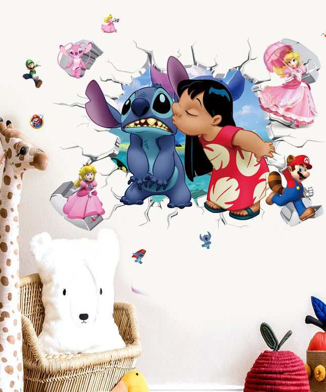 3D Broken Wall Lilo & Stitch Wall Stickers For Kid's Room Kindergarten Living Room Bedroom Wall Decoration Animated Poster