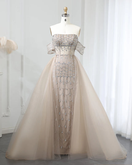 Sharon Said Luxury Champagne Mermaid Arabic Evening Dress with Overskirt 2025 Dubai Women Wedding Party Gowns SS168 Customized