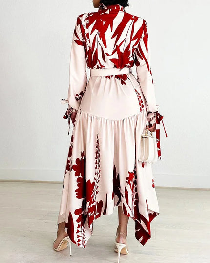 Elegant Printed Dresses Woman 2024 Turn Down Collar Single Breasted Full Sleeve Asymmetric Ankle Length Fashion Birthday Dress