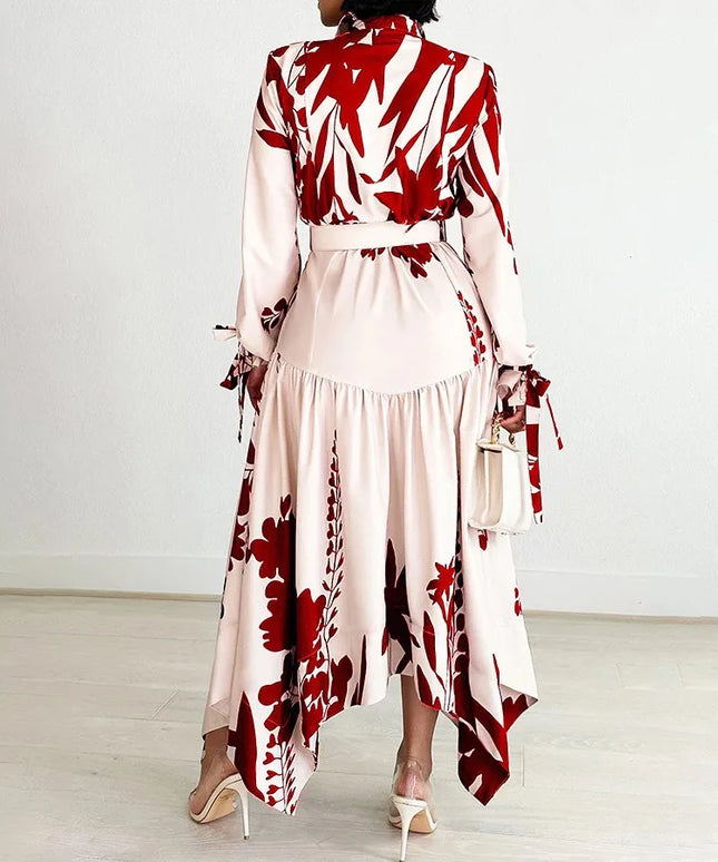 Elegant Printed Dresses Woman 2024 Turn Down Collar Single Breasted Full Sleeve Asymmetric Ankle Length Fashion Birthday Dress