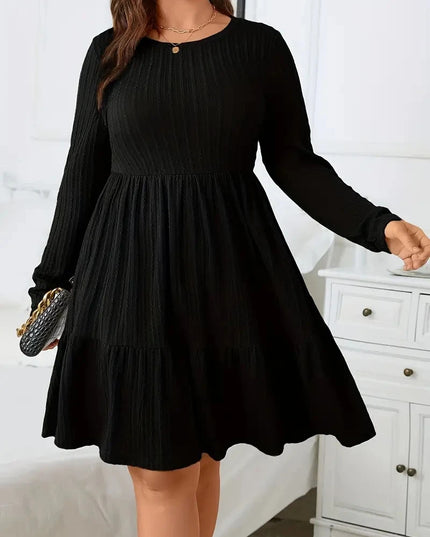 Plus size women's autumn and winter dress, solid color round neck long sleeve ruffle hem dress with pockets, autumn and winter p