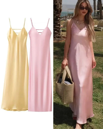 HH Pink Stain Sling Dresses Women Elegant V Neck Sleeveless Backless Slim Long Dress 2025 Summer Lady Party Holiday Dress