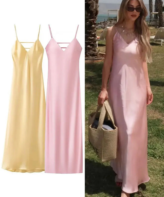 HH Pink Stain Sling Dresses Women Elegant V Neck Sleeveless Backless Slim Long Dress 2025 Summer Lady Party Holiday Dress