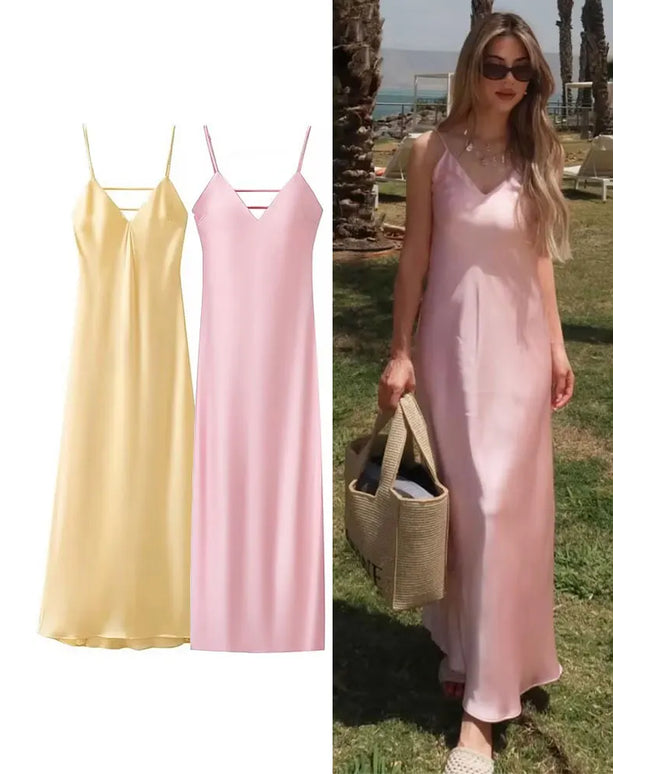 HH Pink Stain Sling Dresses Women Elegant V Neck Sleeveless Backless Slim Long Dress 2025 Summer Lady Party Holiday Dress