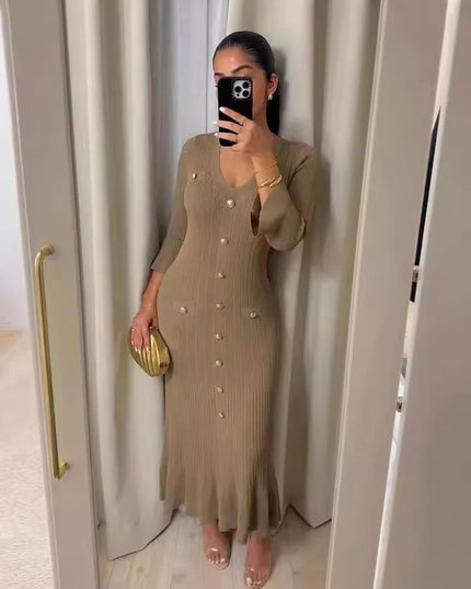 Elegant Knitted Long Dress Women Flare Sleelve V Neck Ruffles Single Breasted Bodycon Dresses Party Fashion Office Lady Vestidos