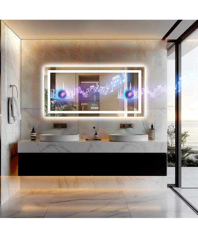 LUVODI Large Illuminated Bluetooth Bathroom Mirror Rectangle Anti-fog LED Bathroom Vanity Mirror with Bluetooth Speaker 3 Color