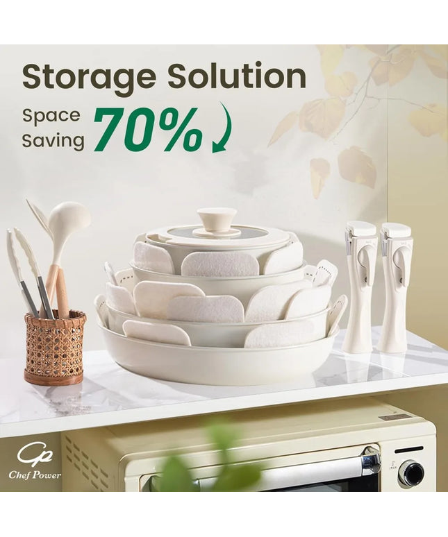 Ceramic Cookware Set Non Toxic with Detachable Handles, Healthy Nonstick Pans and Pots Set 19 Pcs,PFOA & PTFE Free,Cream White