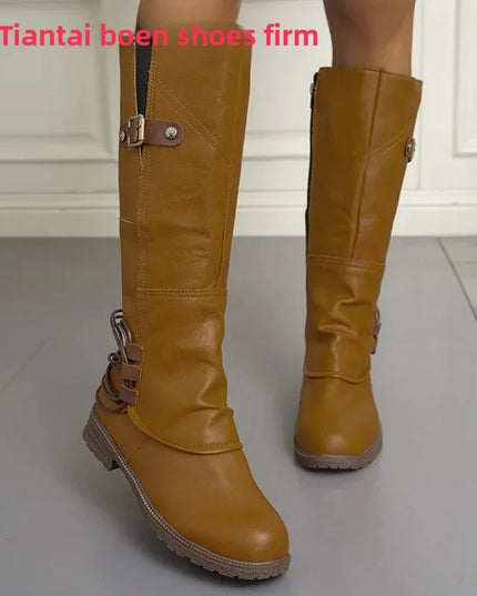 Women's round Toe Side Zipper PU Mid-Calf Boots Autumn Winter New Style Square Heel Booties Comfortable Rubber Lined Shoes