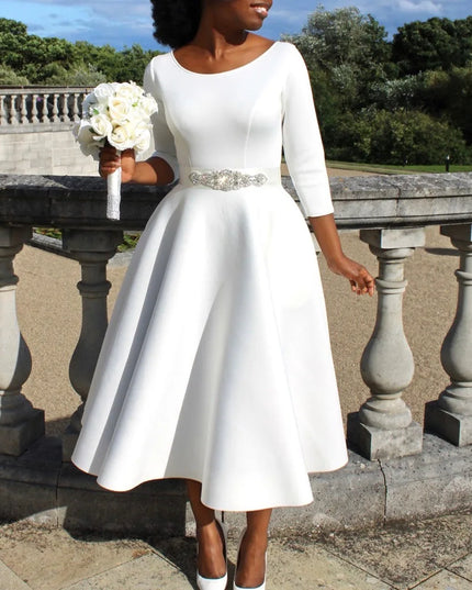 Elegant Party Dress for Woman 2024 Modern O Neck Three Quarter Sleeve High Waisted A Line Mid Calf Birthday Dinner Wedding Cloth