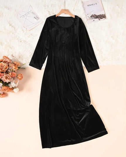 Plus-size European and American cross-border autumn and winter solid color casual elegant pocket velvet long dress