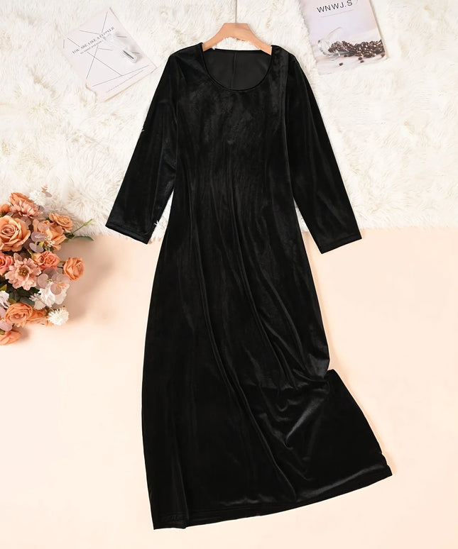 Plus-size European and American cross-border autumn and winter solid color casual elegant pocket velvet long dress