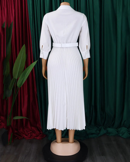 Elegant Office Dresses for Women Pleated Deep V Neck Full Sleeve Belt Waisted Ankle Length African Business Work Wear Dress New