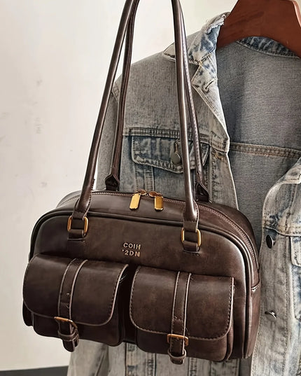 Women's Coffee Brown Multi-Pocket Handbag Shoulder Bag, Stylish Versatile Letter Crossbody Purse for Travel Work Shopping Dates