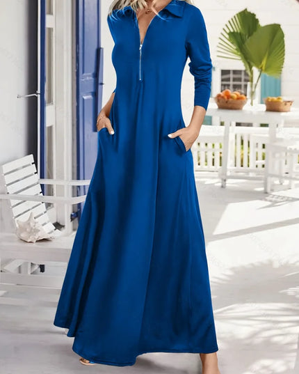 ﻿ Women's Elegant Solid Maxi Dress Fashion Simple Long Skirt 2025 Spring Autumn Slim Long Sleeves Shirt Dresses With Pockets