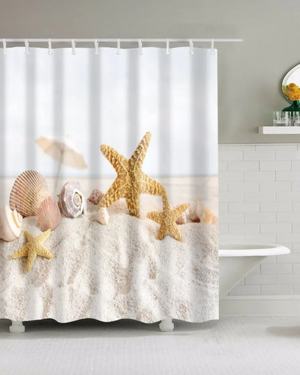 Seaside Scenic Beach Shells Shower Curtains Starfish Conch Blue Board Palm Trees Sunset Nature Scenery Bathroom Curtain Decor