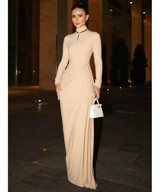 Dulzura Autumn Fashion Elegant High Collar Long Sleeve Ruched Slim Fit Long Dress Women'S Solid Casual Party Club Street Clothes