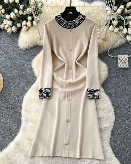 YuooMuoo Brand Fashion 2025 Autumn Winter Women Knitted Long Dress Luxury Pearls O-neck A-line Sweater Dress Office Lady Vestido