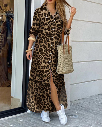 ZANZEA Plus Size Women's Leopard Print Long Dresses Stylish Long Sleeve Button Up Collared Shirt Dress 2025 Autumn Commuting 5XL