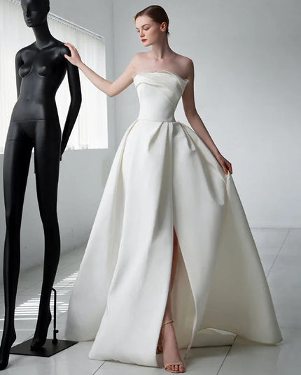French Luxury White Satin Trailing Wedding Dresses for Bride 2025 Women Elegant Sexy Strapless Long Prom Party Dress vestidos