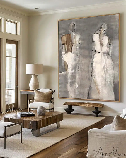 Mhemyo Wabi Sabi Wall Art Woman Figure Hand Painted Painting Large Grey Beige Textured Painting Vintage Figurative Canvas Art