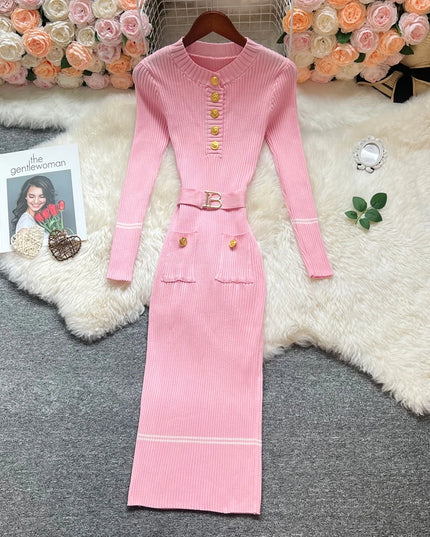 YuooMuoo 2025 Autumn Winter Women Knitted Long Dress Elegant O-neck Buttons Slim Waist Belted Sweater Dress Office Lady Vestidos