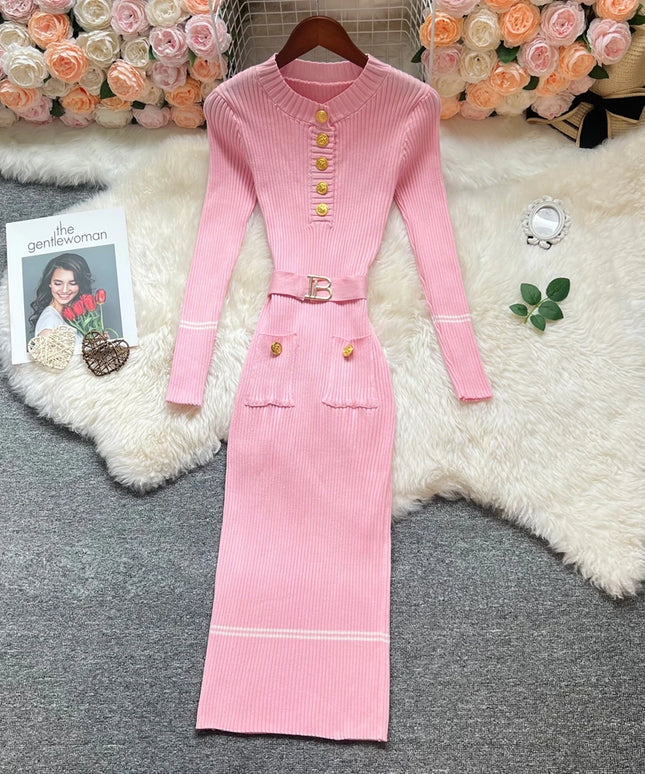 YuooMuoo 2025 Autumn Winter Women Knitted Long Dress Elegant O-neck Buttons Slim Waist Belted Sweater Dress Office Lady Vestidos