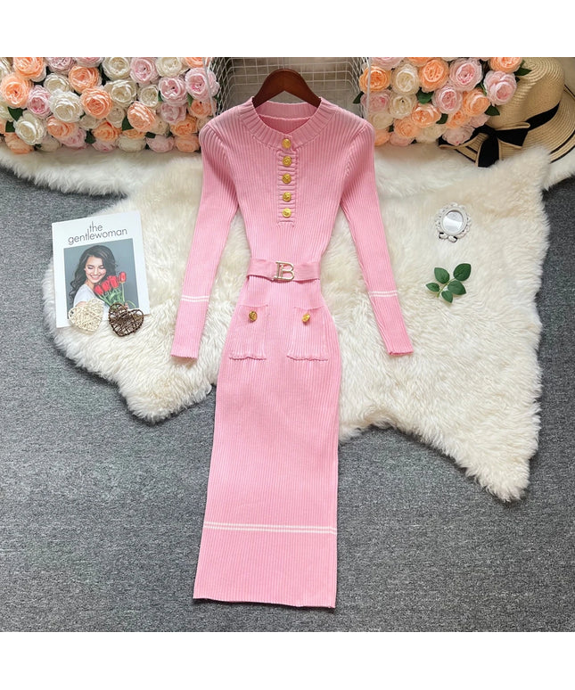 YuooMuoo 2025 Autumn Winter Women Knitted Long Dress Elegant O-neck Buttons Slim Waist Belted Sweater Dress Office Lady Vestidos