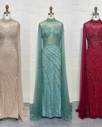 Luxury Saudi Arabia Mermaid Beaded Cape Sleeves High-Neck Evening Dresses 2025 Dubai Party Gowns for Women Wedding Customized