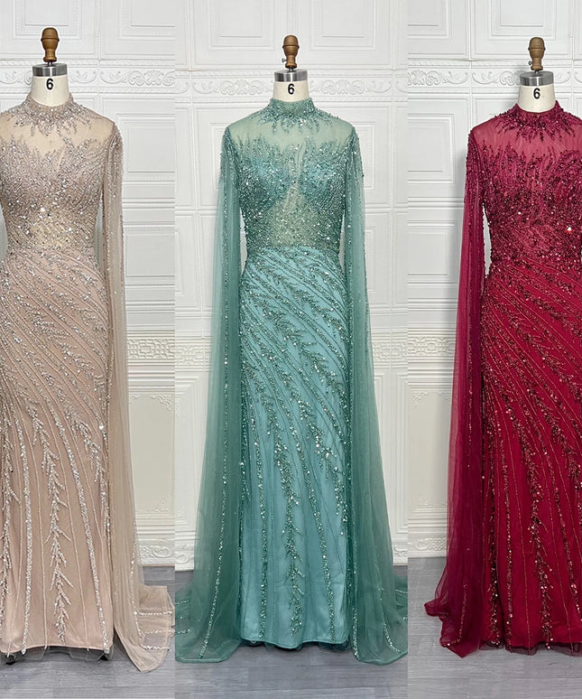 Luxury Saudi Arabia Mermaid Beaded Cape Sleeves High-Neck Evening Dresses 2025 Dubai Party Gowns for Women Wedding Customized